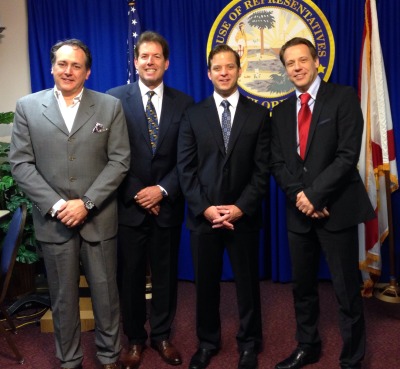 Feb. 12, 2014 - Lobbying for Crowdfunding Legislation in Tallahassee, Florida. Left to right: Giovanni Soleti, Alan McGlade, Florida Lieutenant Governor Carlos Lopez-Cantera, Michael Mildenberger.