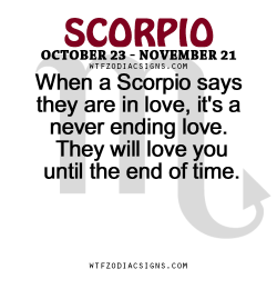 wtfzodiacsigns:  When a Scorpio says they are in love, it’s a never ending love. They will love you until the end of time.    - WTF Zodiac Signs Daily Horoscope!  