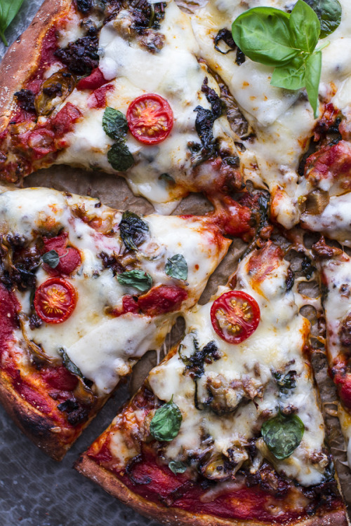 verticalfood:  Onion, Chorizo, Spinach and Artichoke Pizza (by Half Baked Harvest)