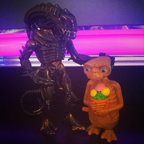 BFFs? #ET tryin’ to keep sh!t calm by givin’ the grumpy #xenomorph sum flowers.
