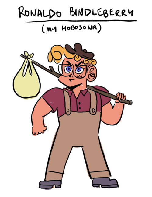 I couldn’t resist posting my No Home Boys OC.  My Hobosona’s name is Ronaldo Bindleberry.   His special bindle items are a can of beans (edamame of course), a photo of his long lost brother (who he hopes to find on his journey), and a level