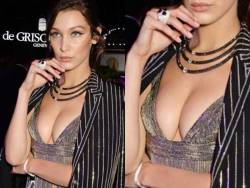 starprivate:  Bella Hadid marketing her bumpy cleavage  Bella Hadid cleavage-fishing at an event. Might pay after all!