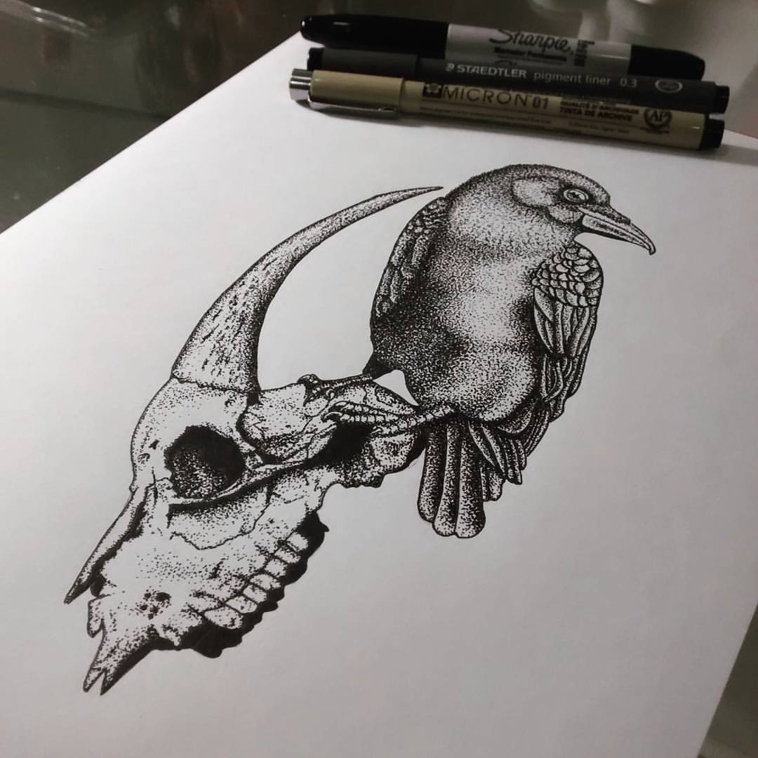  Tattoo — Crow and Goat Skull Dotwork #crow #goat...
