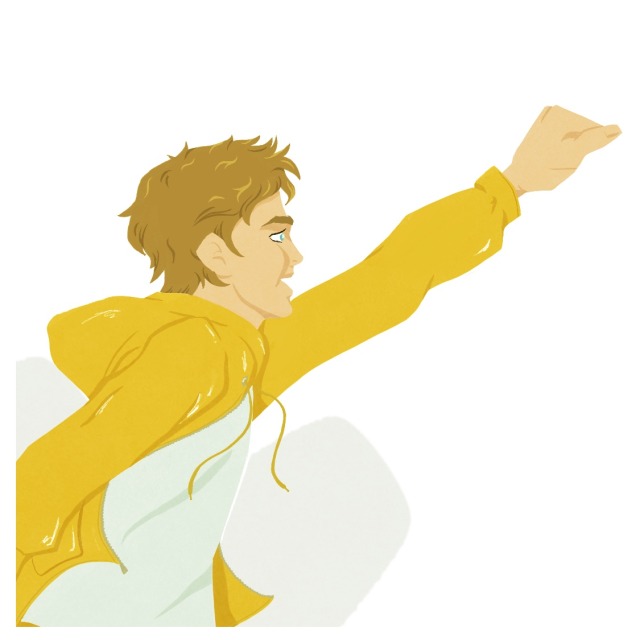 crop of the above drawing showing Jim Kirk, smiling snd running forward with one arm thrust in the air