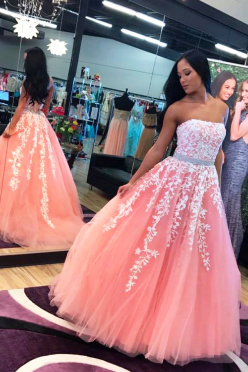 promdress01: Beautiful lace applqiued peach pink tulle prom dress