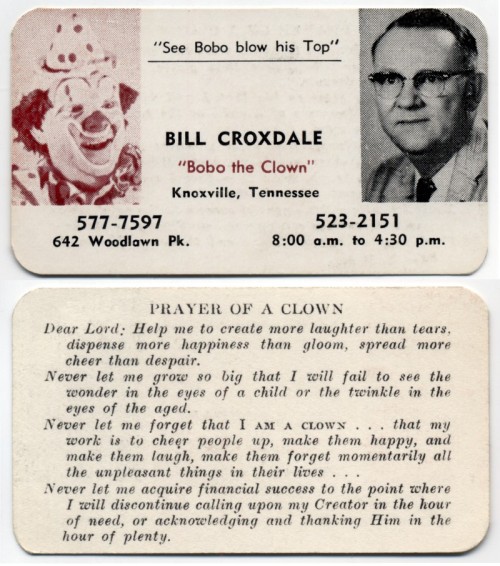 See Bobo Blow his Top! Bobo the Clown business card with Clown Prayer, circa 1960