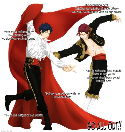 fallen-lucifiel:  RinRei Week 2 Day 6: Costumes | GO ALL OUT!!rinreiweek MAJOR DUMB DORKS ALERT!!!! Whenever I listen to their duet, GO ALL OUT, I imagine them wearing Matador costumes and acting the part LOL Their lines in the comic are directly taken