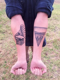 1337tattoos:  Triangle (healed) done by Erik Jacobsen.   Phonograph (fresh) done by Matt Decker. submitted by http://kylehtom.tumblr.com 