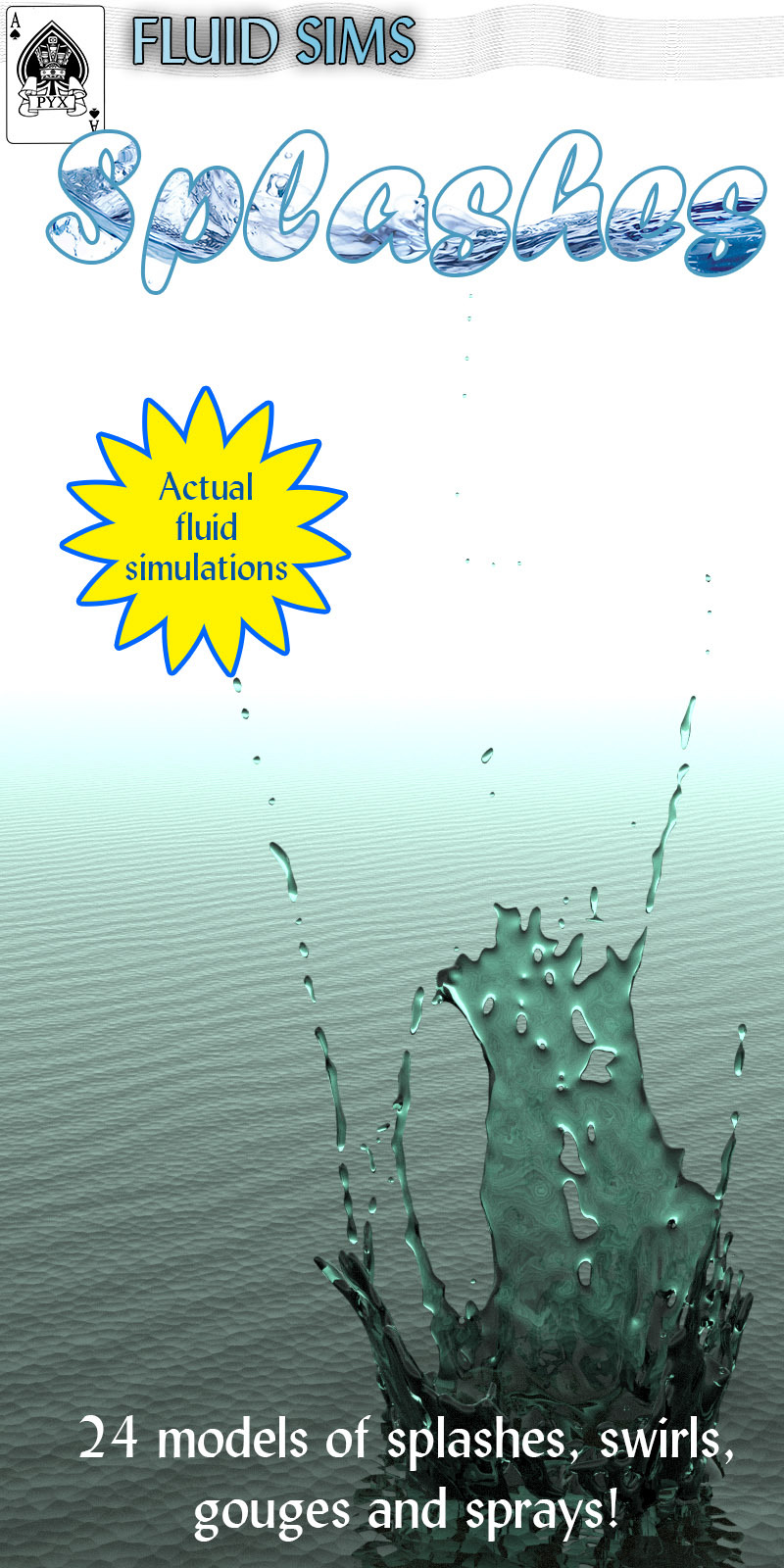  A collection of 24 3D models of actual fluid simulated splashes, splats,  swirls,