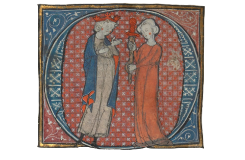 Morgan gives Arthur the fake Excalibur, Suite de Merlin (‘the Huth Manuscript’), Add MS 38117,