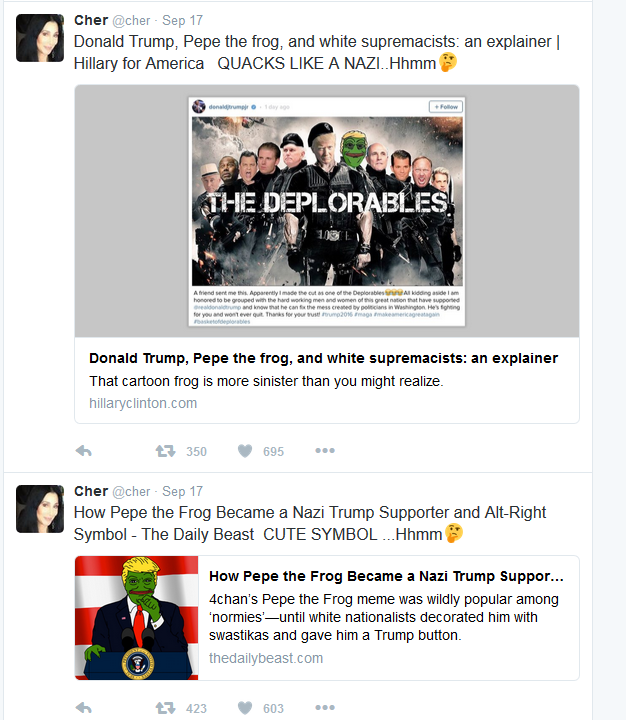 manfredvonfuckyourself:  Cher’s Twitter reads like a bot that makes political shitposts