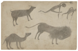 thunderstruck9:Bill Traylor (American, c.1854-1949), Goat, Camel, Lion and Figures, c.1939. Graphite on repurposed card, 14 x 22 in.