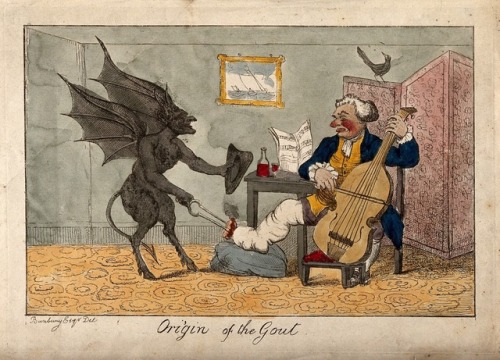 Origin of the gout.18th-century cartoon.