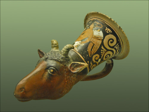 South Italian painted rhyton in the shape of a goat’s head.  Artist unknown; 4th cent. BCE.  Now in 