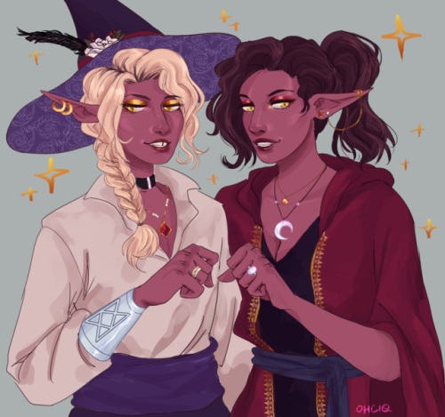 ohciq:glamor twins! ✨[image description: a drawing of Taako and Lup from the waist up against a gray