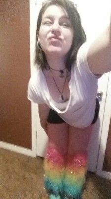 ticklemeviking:  What my best friend decided to have me wear to Glow Rage tonight. I was going to wear black leggings… She insisted on short shorts, pink fishnets, and fluffies… I love her though.  Reblogging bc we&rsquo;re cute
