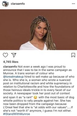 bellygangstaboo:  Model Clara Amfo cuts ties with L’Oréal in solidarity with Munroe Bergdorf who was fired for calling out white supremacy. Don’t talk, ACT!