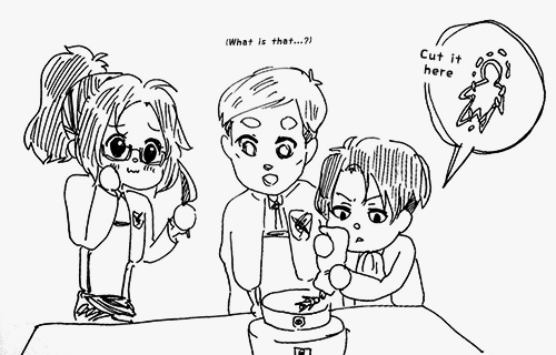 hibana:  09.05 Happy Birthday Hanji! There was supposed to be a part 2 where Hanji cut the cake and there was a titan inside, but it turned out worse than Levi’s drawings. 