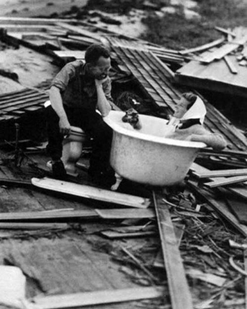 Katharine Hepburn in a bathtub after the 1938 Great New England Hurricane that destroyed her house a