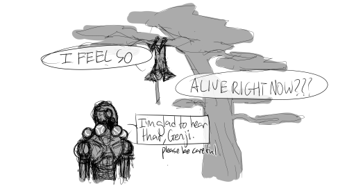 heronfoot:  My fave roboys–I like to think there was this interval where Genji was feeling like an actual person again but hadn’t quite adopted the ascetic lifestyle, and so he just ran around screaming about how incredible it is to be alive, doing