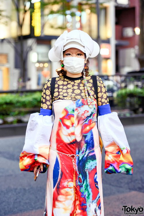 Japanese fashion designer/student Sakuran on the street in Harajuku wearing colorful handmade fashio