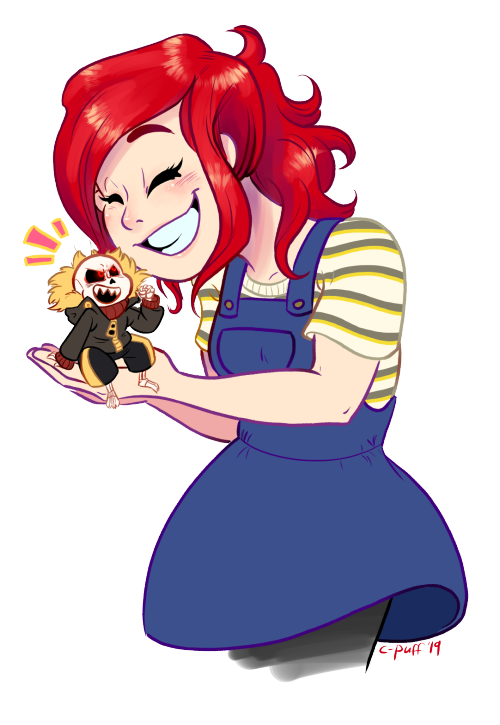 A commission for @cuddlyquiche of their lovely self with a smol little Red! Who is probably telling 