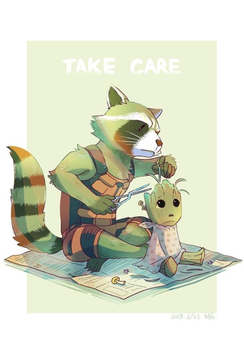 sweeter-than: sicklizardman: 潮到長香菇的格魯特XD fanart: Rocket gives baby Groot a haircut