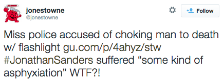 revolutionarykoolaid:  Every 28 Hours (7.10.15): Last night, a black Mississippi farmer was choked to death by a police officer. Jonathan Sanders was exercising his horses, when a white cop approached him, pulled him off his horse, and choked him with