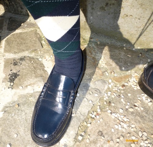 Preppy Men Style In Versailles, Wearing Navyblue Sebago Classic Loafers, Long Burlington Argyle Socks,