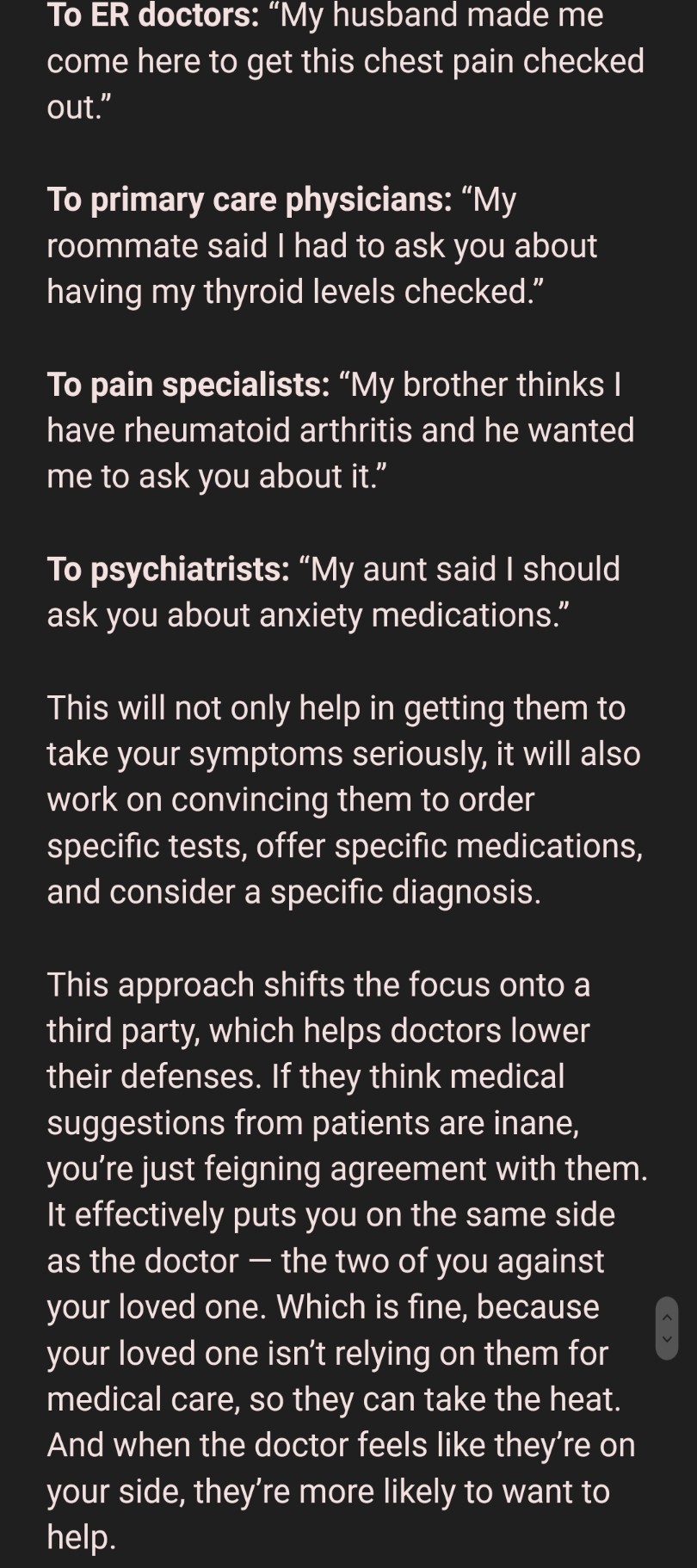 spacelazarwolf:lavendroused:spooniestrong:A Weird Trick to Get Doctors to Listen to You — Pain News NetworkThis ABSOLUTELY works. I have used this for many years.  Definitely b do it.  This article was super long-winded so I screenshat the important