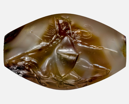 A Pylos combat agate. From a period known as Late Helladic IIA, which lasted from 1600 to 1500 B.C.E