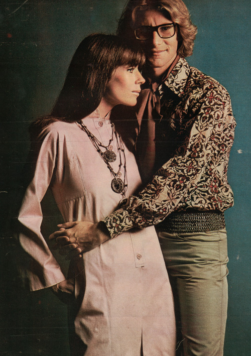 Yves Saint Laurent, with his sister Brigitte, in Elle France, May 1969. Photographed by Helmut Newto