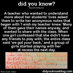 did-you-kno:  The teacher, Kyle Schwartz, started sharing the notes on Twitter using the hashtag #iwishmyteacherknew in order to encourage other teachers to learn more about their students. Tweets and photos came pouring in from around the world.Source