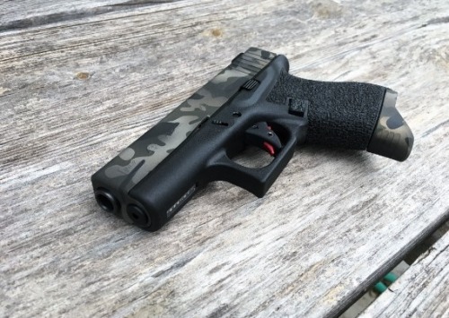 gunrunnerhell: Glock 43 A customized example of the single-stack 9x19mm pocket pistol made by Glock, which received a lot of fanfare when it was introduced to the market. Aside from the finish on the slide and magazine floorplate, it appears to have an