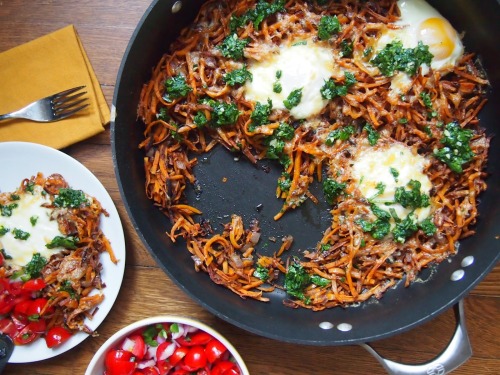 Shredded sweet potatoes with eggs, chimichurri, and fresh salsa