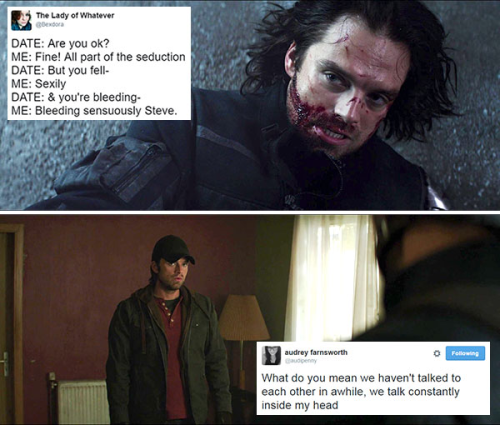 livebloggingmydescentintomadness:Bucky Barnes tweet meme, part two (part one)