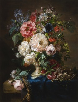 laclefdescoeurs:Still Life with Roses, Peonies and Lilac, 1848, Adriana Haanen