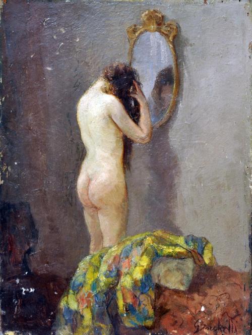 Nude in the mirror   -   Gaetano Bocchetti Italian, 1888-1990oil on canvas, 39 x 29 cm