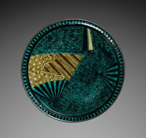 cma-japanese-art:Plate with Fan Designs: Old Kutani Type, Aode (Green) Kutani Style, late 17th centu