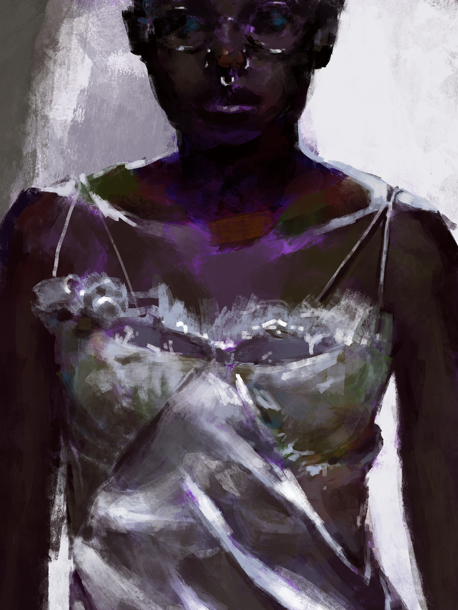 purple-heavy painting of a model with a satiny shirt