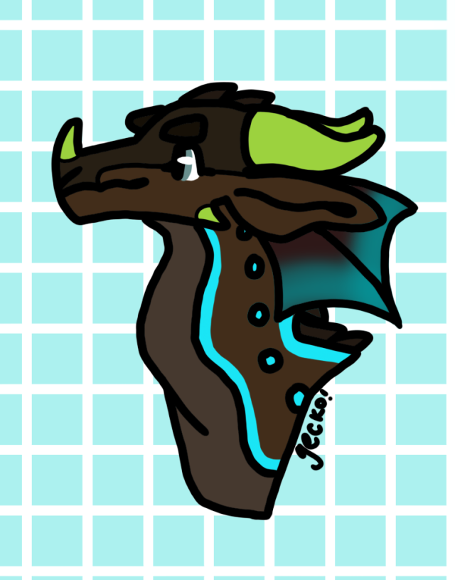 a drawing of a rainwing, a dragon from the wings of fire book series. it is mainly a dark brown color, but has blue and green accents. the background is a light teal color with a grid of white squares