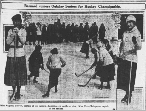 On February 17,1920 the Barnard College Juniors beat the Seniors 5-1 in a game at the Notiek Rink. &