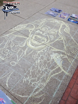 pepperink:  Chalk art Jared Leto as The Joker - made 4/2615 at Mural Fest. Only had about 5.5 hours on this one, and the high wind and cold temps made it rough. The fine details kept blowing away and the art I had completed would fade, but I reworked