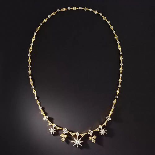 vysjewelry:Victorian diamond and gold star, leaf, and flower necklace, c. 1885 (at Lang Antiques)