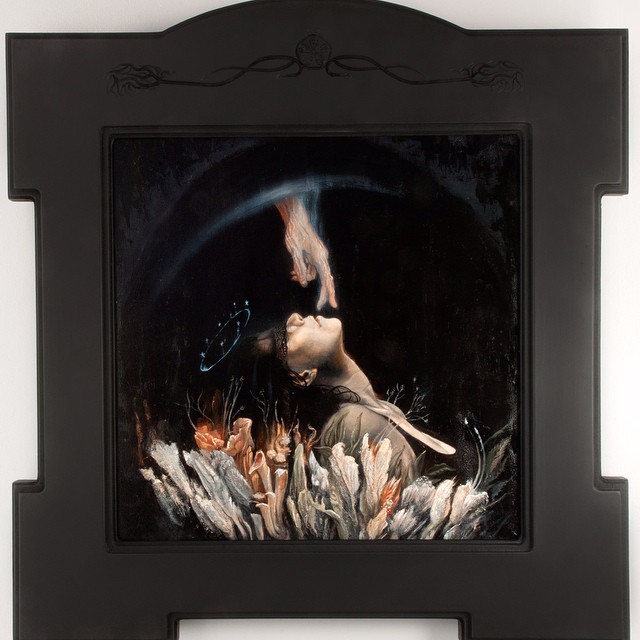 Persephone’s Ecstasy, oil on panel, artist designed and finished frame. On display @lastritesgallery for The 13th Hour, opening tonight! I designed this frame with Persephone’s myth in mind. At the top there is an abstraction of a pomegranate, the...