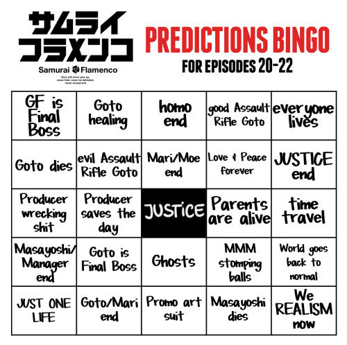 Some handy little bingo cards for the final three episodes of Samurai Flamenco!