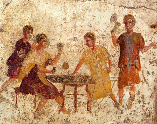 lionofchaeronea:Dice players. Fresco from Room b of the Osteria della Via di Mercurio, Pompeii. 
