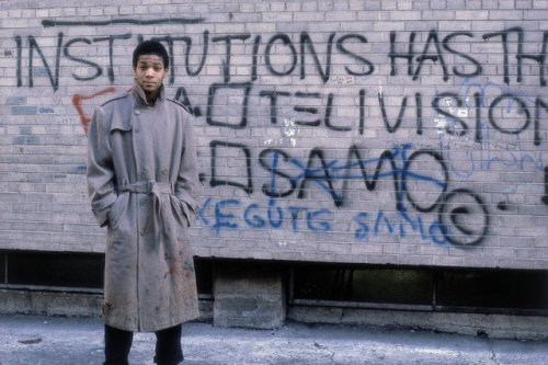 nycnostalgia:Jean-Michel Basquiat at Mulberry and Bleecker Streets, 1980
