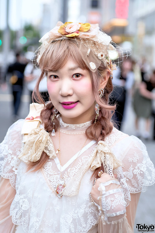 23-year-old Tyatyamal on the street in Harajuku wearing a vintage dress from Meno with a Freckleat b