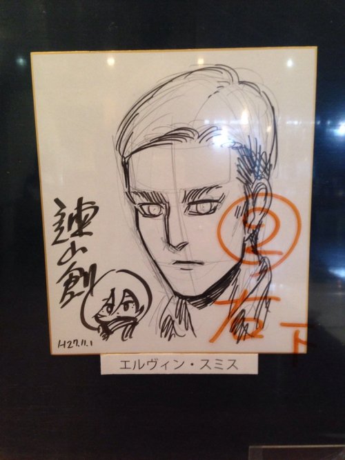 fuku-shuu:  Another look at the full set of original character sketches Isayama Hajime created for the Hibiki no Sato in his hometown of Oyama, this time accompanied by SnK cosplayers! Featuring the 104th + Erwin, Levi, and Hanji! ETA: Added close-ups